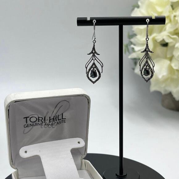 Tori Hill 925 Sterling‎ Silver Abalone & Marcasite Dangle Feather Earrings - Picture 1 of 8